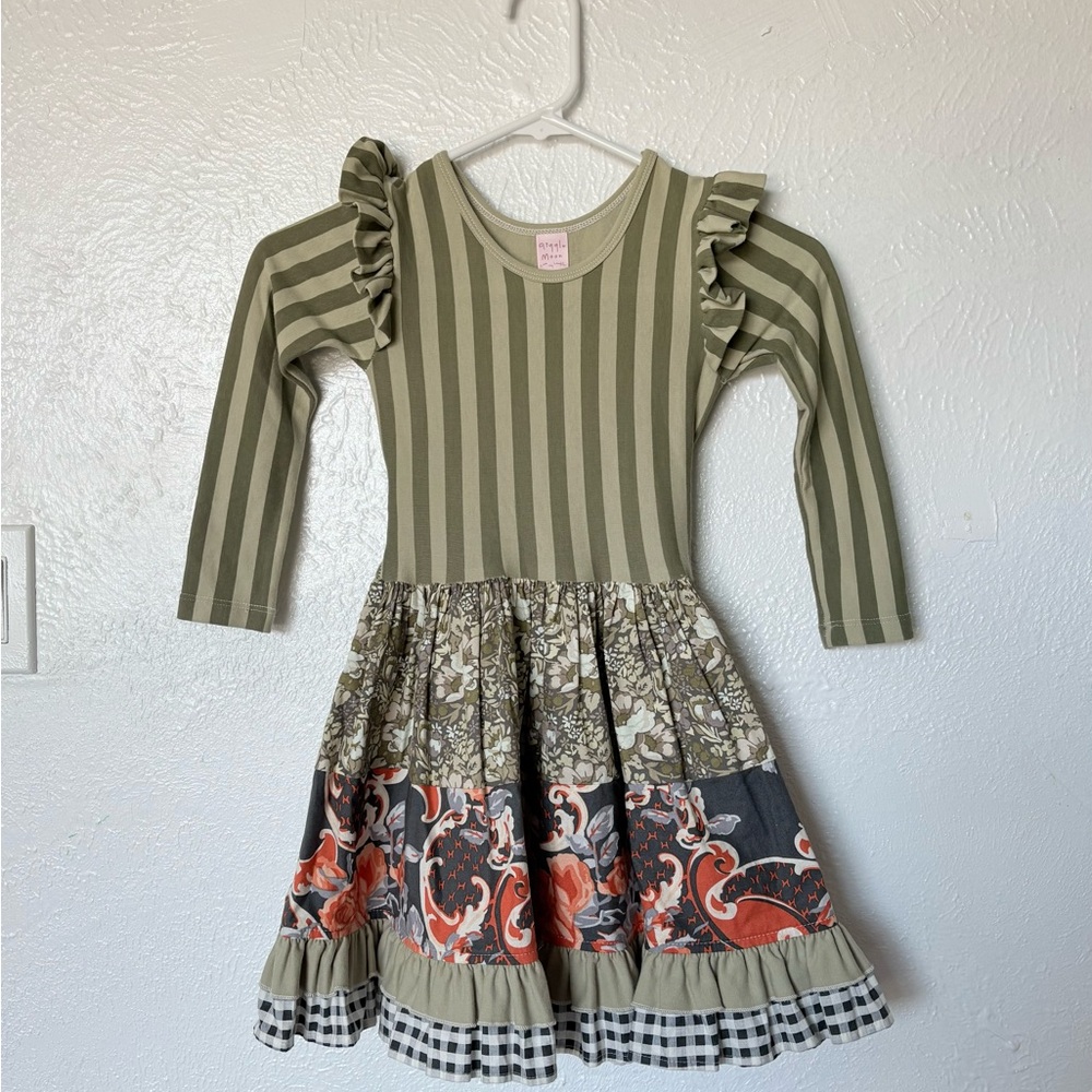 Giggle Moon Olive Striped and Floral Dress